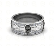 8 mm Wide Unique Design Bridal Gothic Skull Wedding Ring, Punk Style Biker Ring, Black CZ Sterling silver, Anniversary Ring, Eternity Band