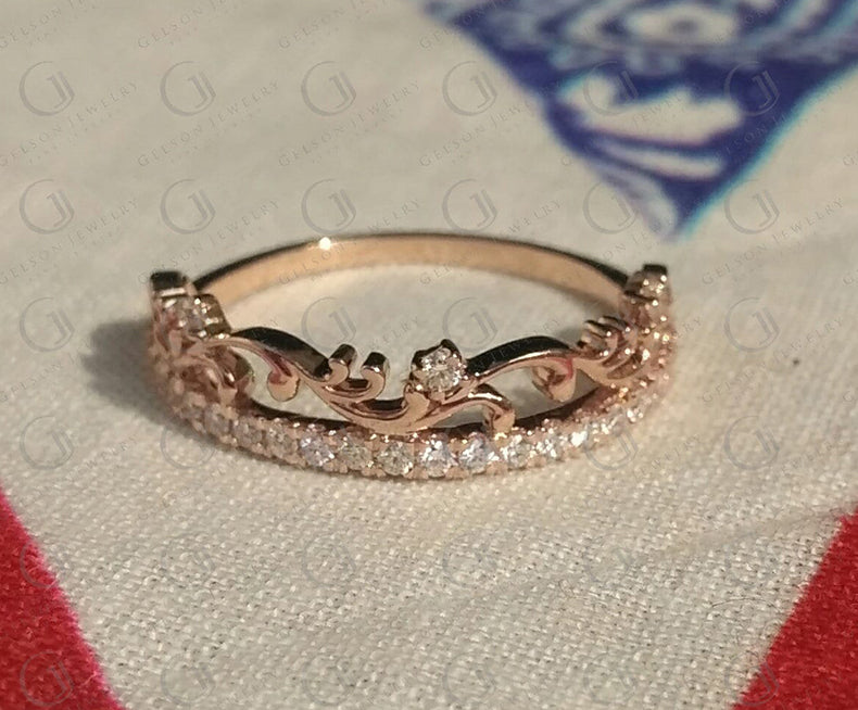 0.30 Ct Round Moissanite Anniversary Ring, Nature Inspired Floral Wedding Band, Rose Gold Ring, Bridal Women Ring, Stacking Rings