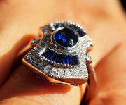 Antique Cocktail Ring, Sapphire And CZ Diamond Unique Rings For Women, Art Deco Milgrain Engagement Ring, Vintage Estate Jewelry Rings