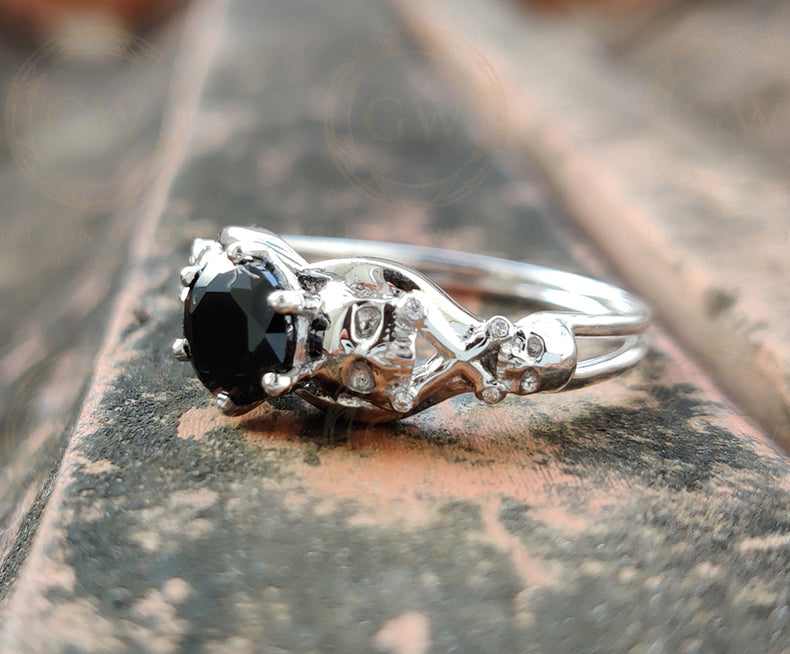 1.05 Ct Unique Skull Engagement Ring, Gothic Wedding ring, Skull women ring, 925 Sterling Silver, Round Black CZ