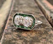 Toi et Moi Ring / Art deco Moissanite Engagement Ring / Estate Jewelry / Emerald Engagement Ring / Antique Rings / Vintage Engagement Ring