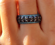 Aquamarine Eternity Ring / 9 mm Wide Black Silver Gothic Skull Wedding Band / Gemstone Birthstone Ring / Full Eternity Band for Men & Women