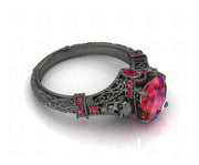 2.30 Ct Unique Gothic Skull Cushion Cut Floral Vintage Bridal Engagement Ring, Birthstone July Ruby gemstone Women ring, Sterling Silver