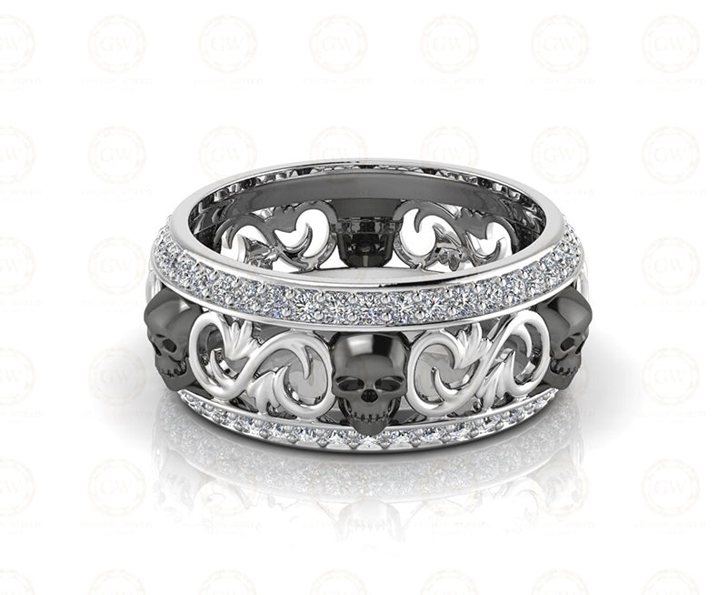 8 mm Wide Floral Unique Gothic Skull Wedding Band, Moissanite Diamond Silver Ring, 2 Row Anniversary Ring, Nature Inspired Eternity Band