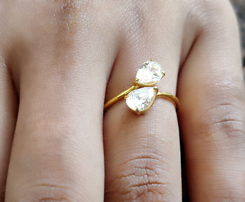 Dual stone pear Moissanite Diamond open ring, 2 Stone cross over Style, 14k Solid Gold Ring, Minimalist Ring, Stacking Women Ring