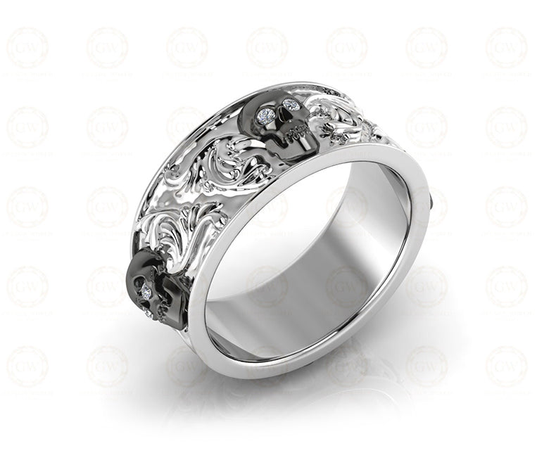 8 mm Wide Nature Inspired Unique Gothic Skull Wedding Band, Simulated Diamond, Sterling silver, Anniversary Ring, Floral Eternity Band