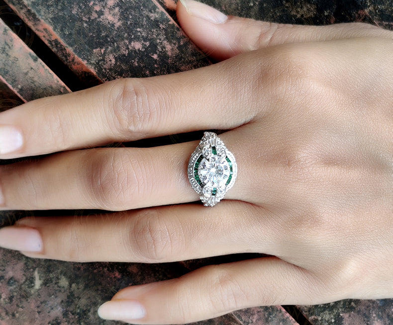 3.50 Ct Round Moissanite Art deco Vintage Engagement Ring, Sterling Silver Ring, Emerald Baguette Estate Jewelry, Antique Women Ring