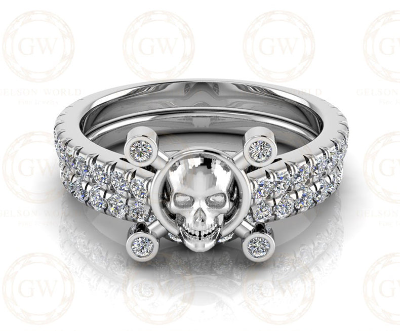 Gothic Skull Engagement Wedding Ring Set, 2.90 Ct Round Cut CZ Diamond, Half Eternity Wedding Band, Matching Band, Bridal Ring Set for Women