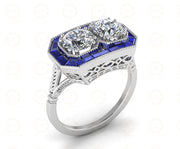 Toi et Moi Art Deco Halo Engagement Ring / CZ Blue Sapphire Baguette Estate Ring