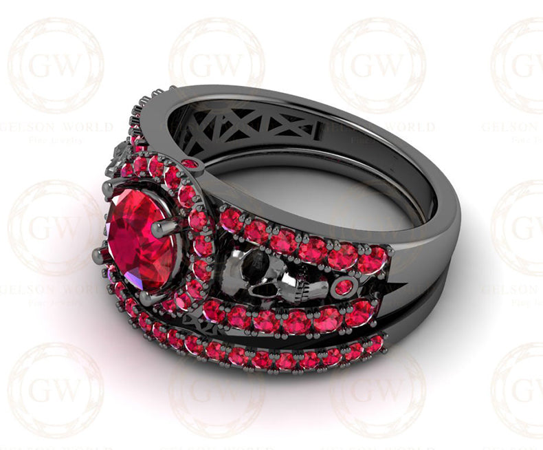 Gothic Skull Wedding Ring Sets, Two Skull Split Shank Halo Engagement Ring, Ruby CZ, Black Rhodium Plated, Matching Band, Gift For Her