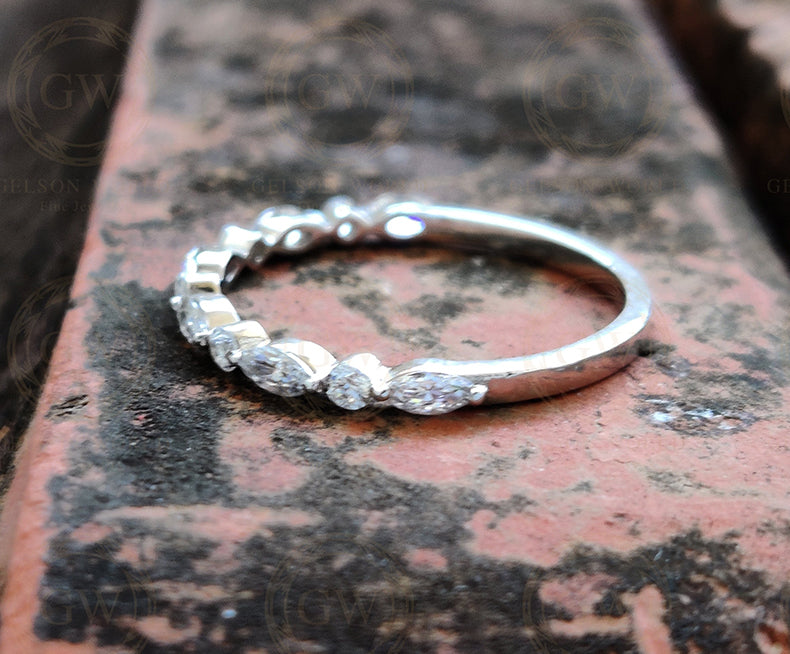 Alternating Round And Marquise Moissanite Wedding Bands Women, Floating Bubble Band, Shared Single Prong Band, Half Eternity Stacking Ring