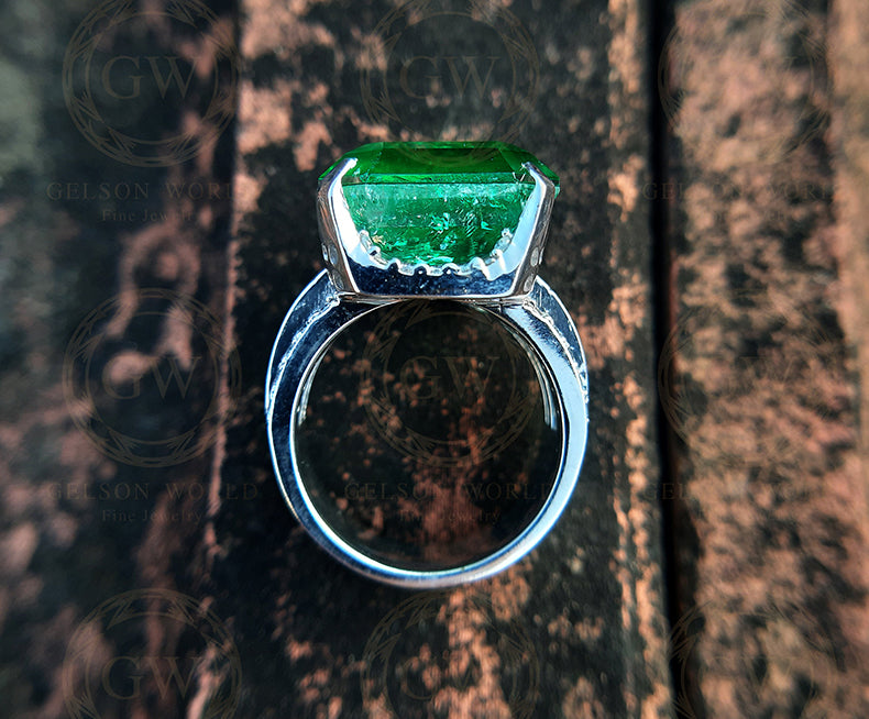 14 Ct Green Emerald Cut Cocktail Engagement Ring, Natural Looking Emerald Gemstone Art Deco Ring, Celebrity Inspired Ring