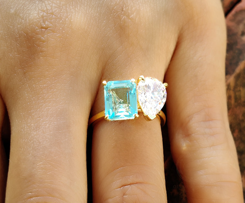 Toi Et Moi Gold Ring / Pear & Aquamarine Emerald Ring / Two Stone Ring / 2 Stone Aquamarine Engagement Ring / Women Wedding Ring