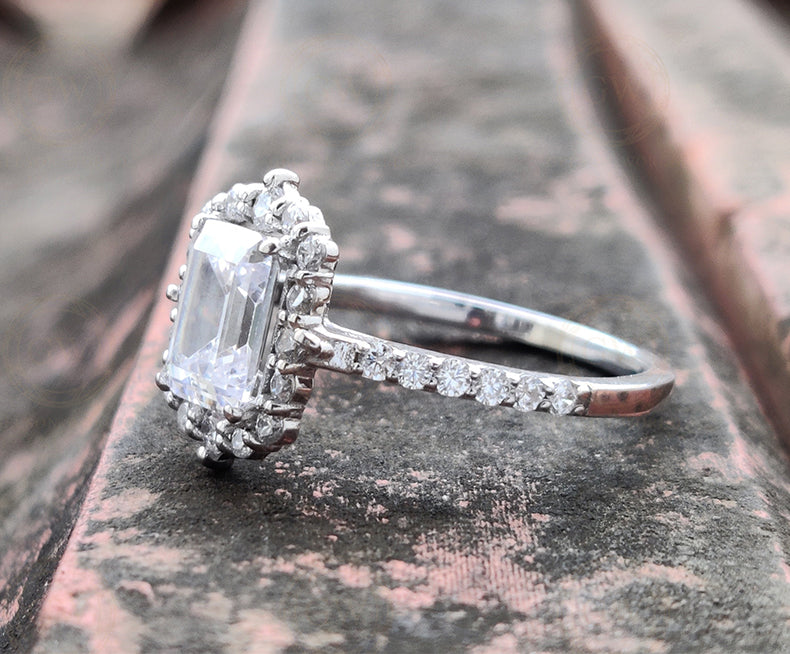 Moissanite Vintage Halo Engagement Ring, Emerald Cut Wedding ring, Sterling Silver, Ring for women, Classic Moissanite ring