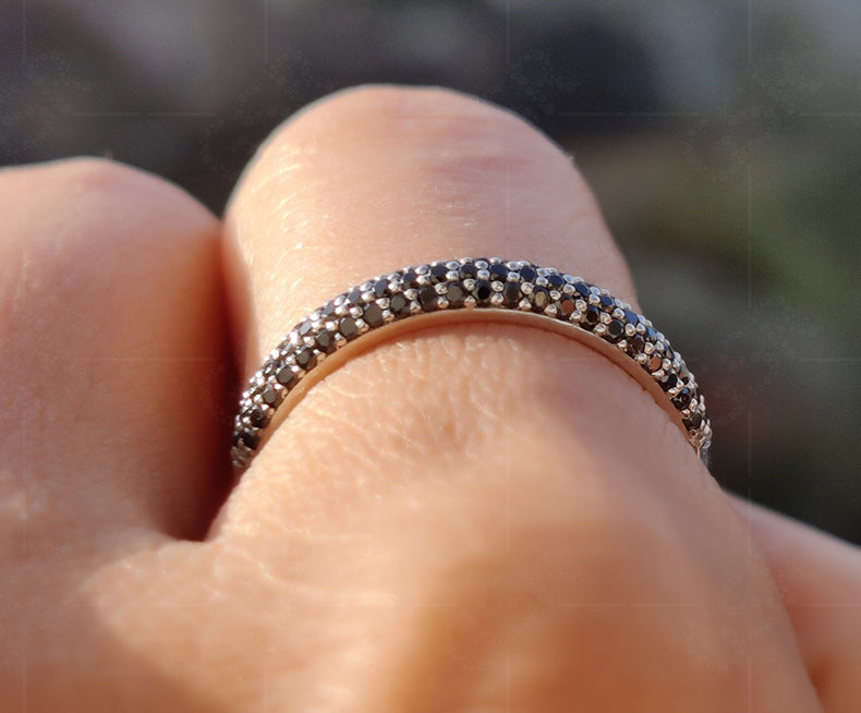 Triple Row Black Moissanite Dome Eternity Wedding Band - Silver and Gold Half Eternity Ring