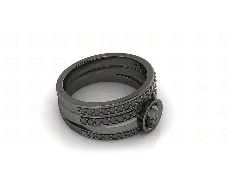 0.45 Ct Unique Black Gothic Halo Bridal Skull Engagement Ring Set, Matching Skull Wedding Rings, Sterling silver, Half Eternity Band