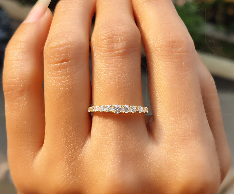 Graduated Moissanite Anniversary Ring in Silver and Gold - Simple and Elegant Wedding Band for Her