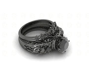 2.15 Ct Unique Gothic Skull Round Floral Vintage Bridal Engagement Ring Set, Black Man Made Diamond, Sterling silver, Matching Wedding Band