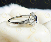 Art deco Engagement Ring, Oval Blue Sapphire Simulated Diamond, Vintage wedding ring, Sterling Silver, Promise ring, Gift for Her