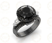 3.60 Ct Gothic Skull Bridal Wedding Ring Set, Large Round Black Diamond, Unique Women Engagement ring set, Stacking Matching Band for Her