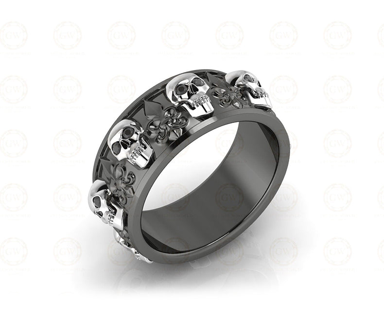 8 mm Wide Unique Gothic Skull Wedding Band, heraldic lily, Biker Ring, Simulated Diamond, Sterling silver, Anniversary Ring, Eternity Band