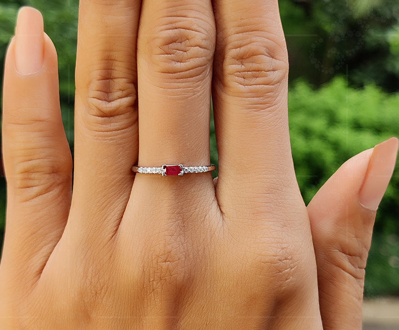 Elegant Horizontal Baguette Ruby Ring - Stylish Sideways Baguette Design - Dainty July Birthstone Beauty - Perfect Ruby Stacking Ring for Minimalist Stackable Rings Women