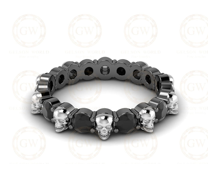 1.50 Tcw Skull Wedding Ring Band, Promise Ring, Eternity Gothic Band, Round Cut CZ Diamond alternate skull Black Sterling Silver Women Ring