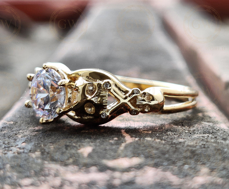 Silver and Solid Gold Round Moissanite Skull Engagement Ring, Gothic Wedding rings, unique skull design, solitaire women ring