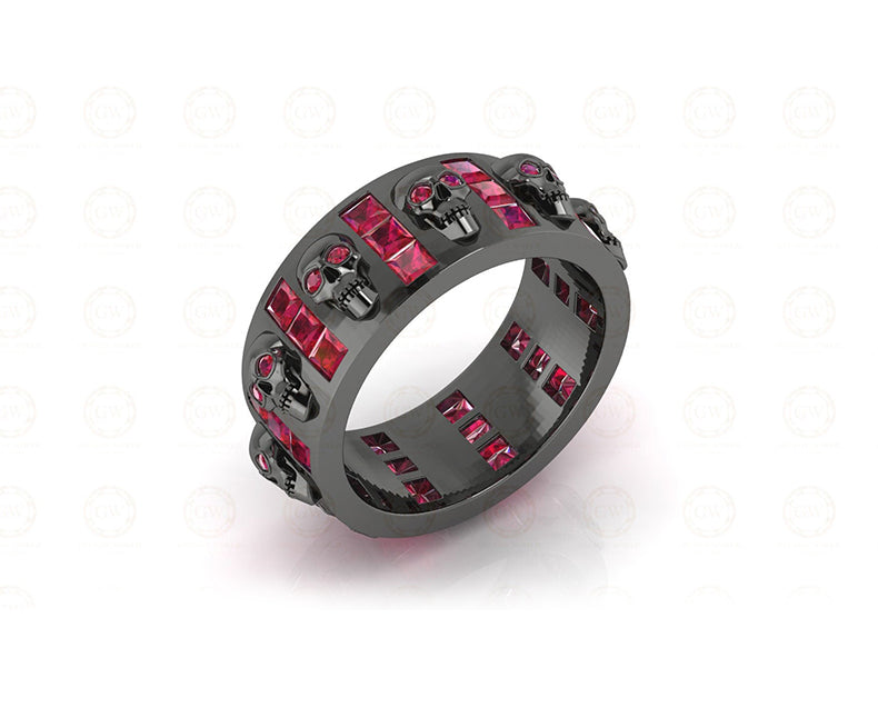 8 mm Wide Unique Gothic Skull Wedding Band Sterling Silver, Full Eternity Ring, Birthstone Ring, Ruby gemstone ring, Band for Men & Women