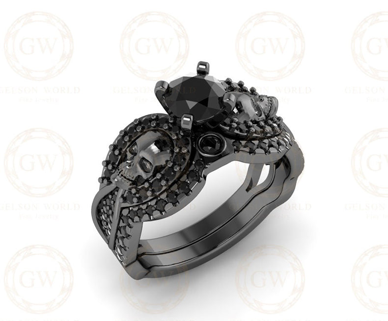 Gothic Skull Engagement Ring Set, 1.15 Ct Round Cut Black CZ Diamond, Wedding Bridal Set, Black Face Skull Ring For Women, Stacking Band