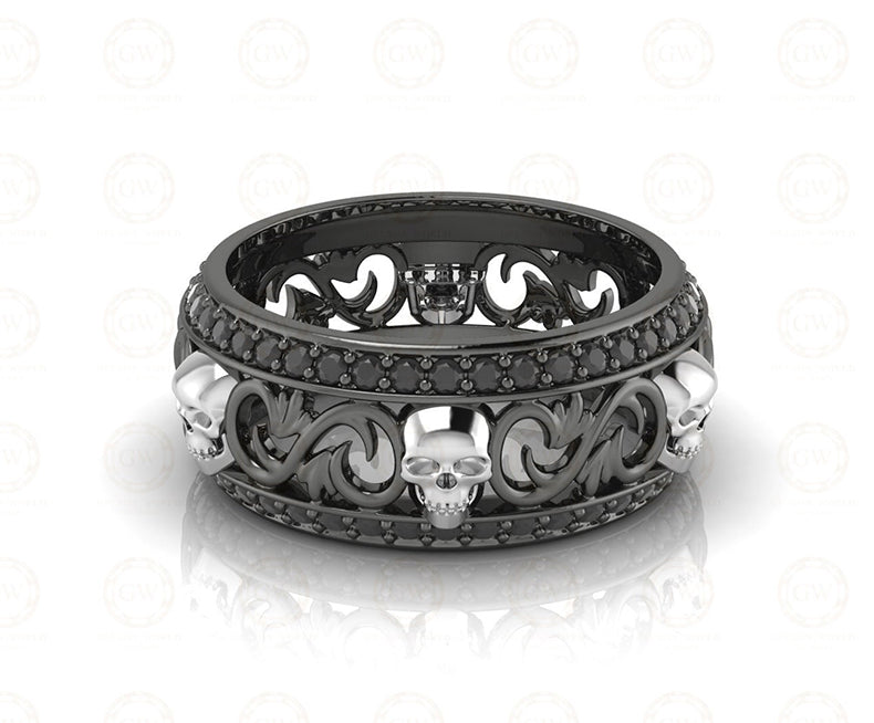 8 mm Wide Floral Unique Gothic Skull Wedding Band, Moissanite Diamond Silver Ring, 2 Row Anniversary Ring, Nature Inspired Eternity Band