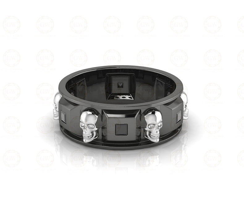 7 mm Wide Men's Gothic Skull Wedding Band, Punk Style Biker Ring, Unique Jewelry, Black CZ Sterling silver, Anniversary Ring, Eternity Band