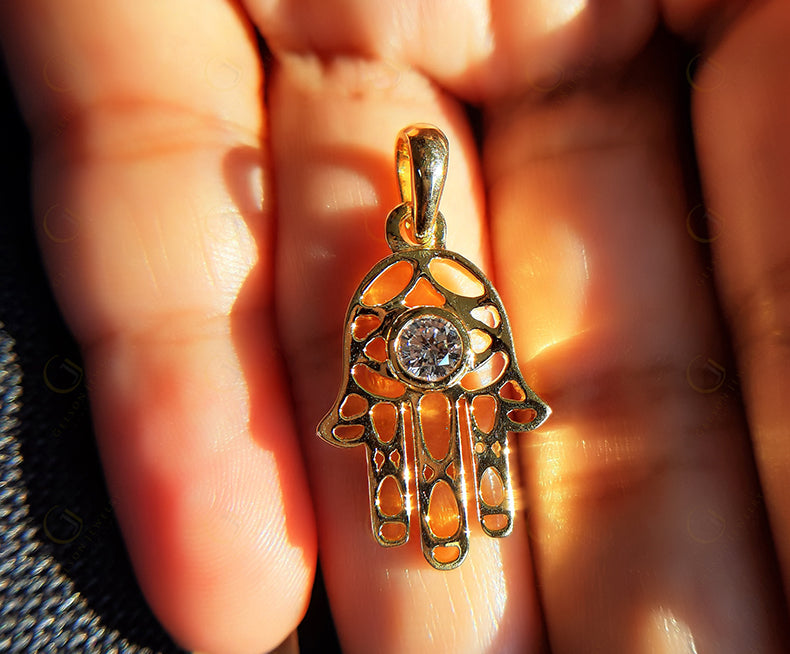 Golden Hamsa Hand Pendant - Symbolic Protection Necklace with Evil Eye Warding - 14K Solid Gold - Spiritual Jewelry