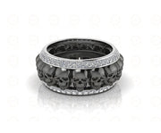 9 mm Wide Unique Gothic Skull Wedding Band, Black Moissanite Diamond Band, Black Silver Anniversary Ring, Full Eternity Band For Men & Women