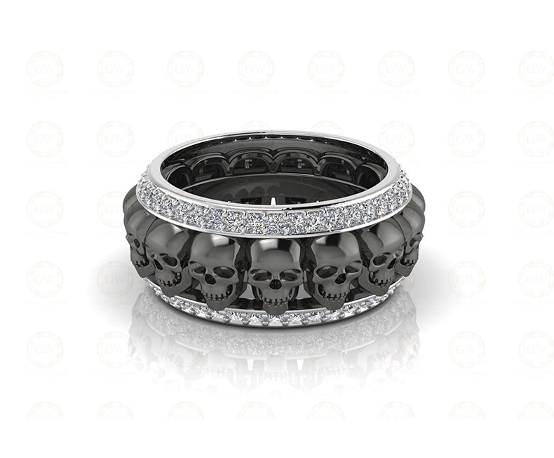 9 mm Wide Unique Gothic Skull Wedding Band, Black Moissanite Diamond Band, Black Silver Anniversary Ring, Full Eternity Band For Men & Women