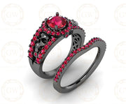 Gothic Skull Wedding Ring Sets, Two Skull Split Shank Halo Engagement Ring, Ruby CZ, Black Rhodium Plated, Matching Band, Gift For Her