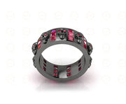 8 mm Wide Unique Gothic Skull Wedding Band Sterling Silver, Full Eternity Ring, Birthstone Ring, Ruby gemstone ring, Band for Men & Women