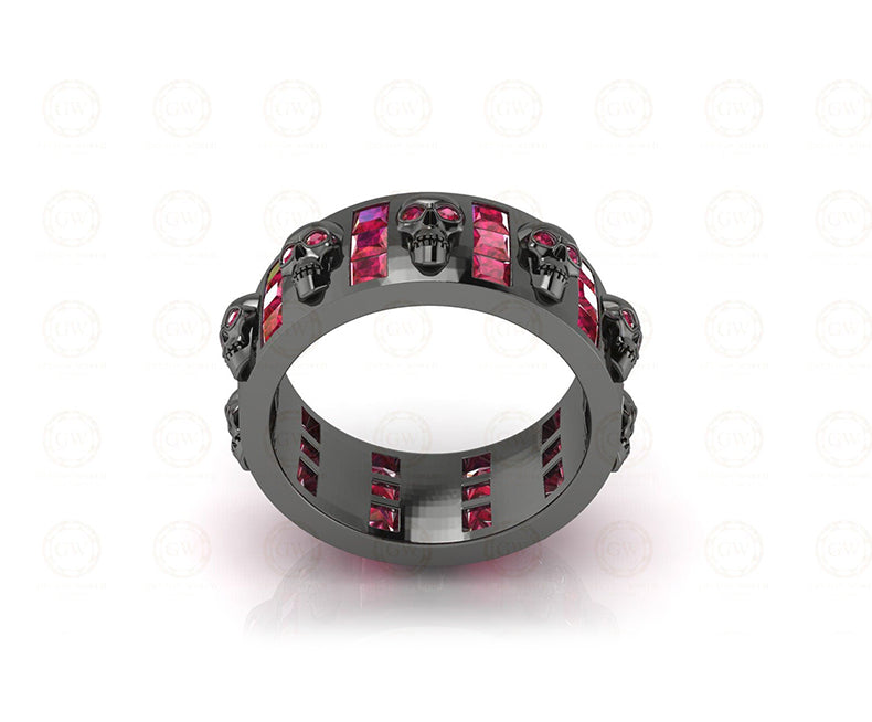 8 mm Wide Unique Gothic Skull Wedding Band Sterling Silver, Full Eternity Ring, Birthstone Ring, Ruby gemstone ring, Band for Men & Women