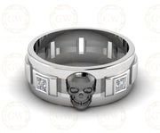 7.50 mm Wide Personalized Unique Men's Gothic Skull Wedding Band, Punk Style Biker Ring, Black CZ Diamond Sterling silver, Promise Band Him