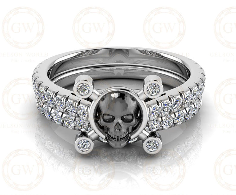 Gothic Skull Engagement Wedding Ring Set, 2.90 Ct Round Cut CZ Diamond, Half Eternity Wedding Band, Matching Band, Bridal Ring Set for Women