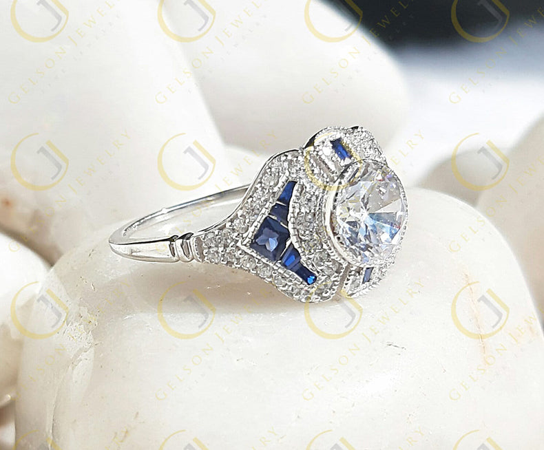 Estate Jewelry / Vintage Engagement Ring For Women / Blue Sapphire Art Deco ring / Round Moissanite Ring / Estate ring / 925 Sterling Silver