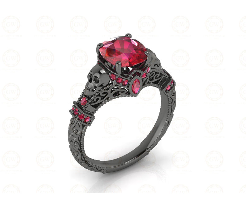 2.30 Ct Unique Gothic Skull Cushion Cut Floral Vintage Bridal Engagement Ring, Birthstone July Ruby gemstone Women ring, Sterling Silver