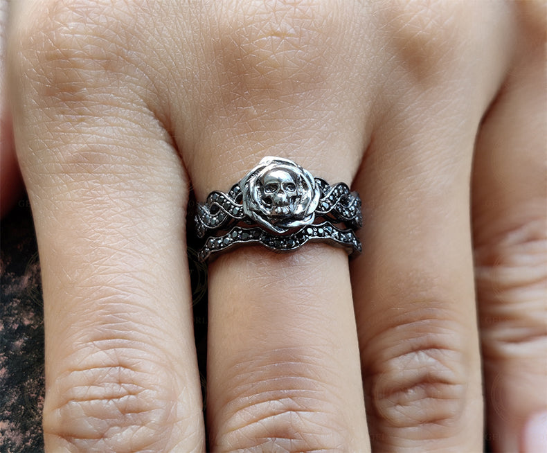 Gothic Skull Bridal Wedding Ring Sets, Moissanite Rose Floral Engagement Ring, Twisted Nature Inspired Set, Black Rhodium Plated Silver Ring