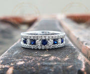 6 mm Wide Three Row Eternity Wedding Band, 2.80 Ct Round Simulated Diamond & Blue Sapphire Channel Set Promise Ring, Stackable Rings Her