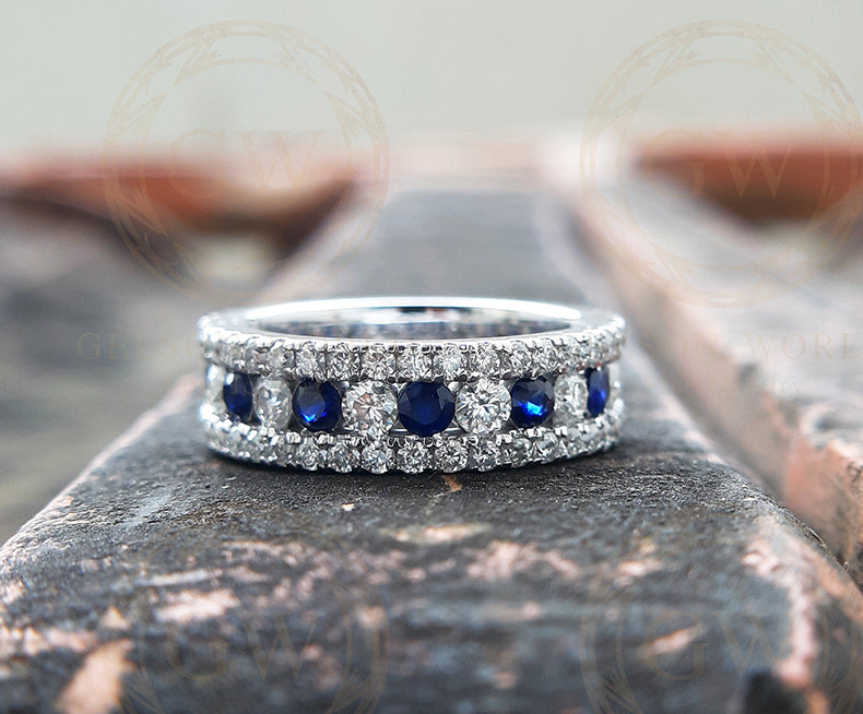 6 mm Wide Three Row Eternity Wedding Band, 2.80 Ct Round Simulated Diamond & Blue Sapphire Channel Set Promise Ring, Stackable Rings Her