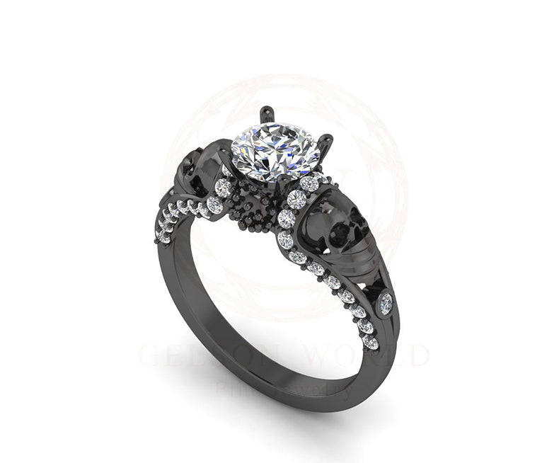 Unique Gothic Skull Engagement Ring, Two Skull Ring, Round Simulated Diamond, Black Skull Head With Mask, Women Skull Ring, Propose Ring