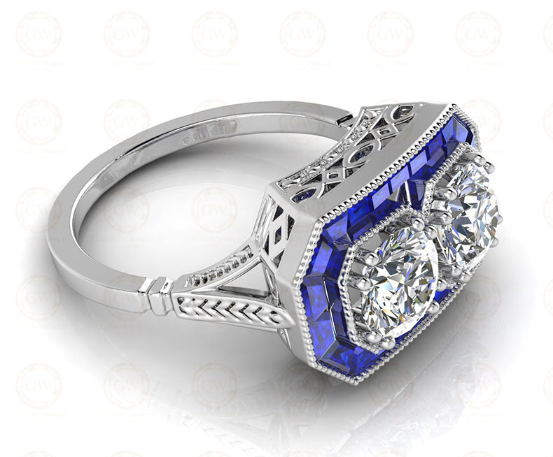 Toi et Moi Art Deco Halo Engagement Ring / CZ Blue Sapphire Baguette Estate Ring