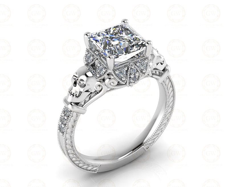 2.35 Ct Gothic Skull Princess Vintage Engagement Ring, Simulated Diamond, Sterling silver, CZ Women ring, Unique Wedding Ring For Her