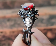 Gothic Skull Engagement ring / Round Red Ruby CZ Diamond / Rose Floral Wedding Ring / Unique Skull Nature Inspired Ring / Ring for Women