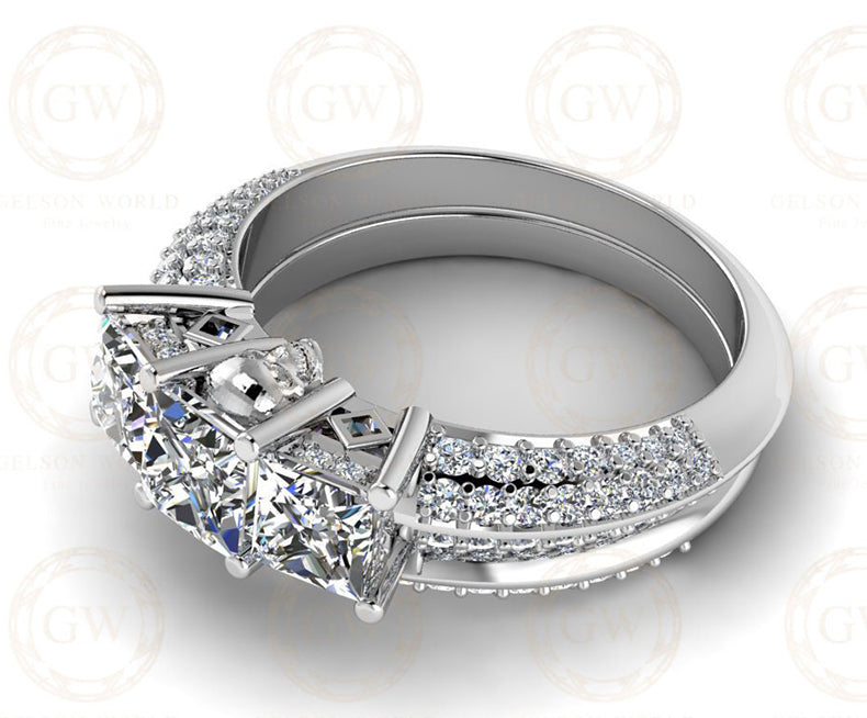 2.20 Ct Gothic Skull Bridal Wedding Ring Set, Unique Skull Princess Diamond Knife Edge 3 Stone Engagement ring set, Stacking Matching Band